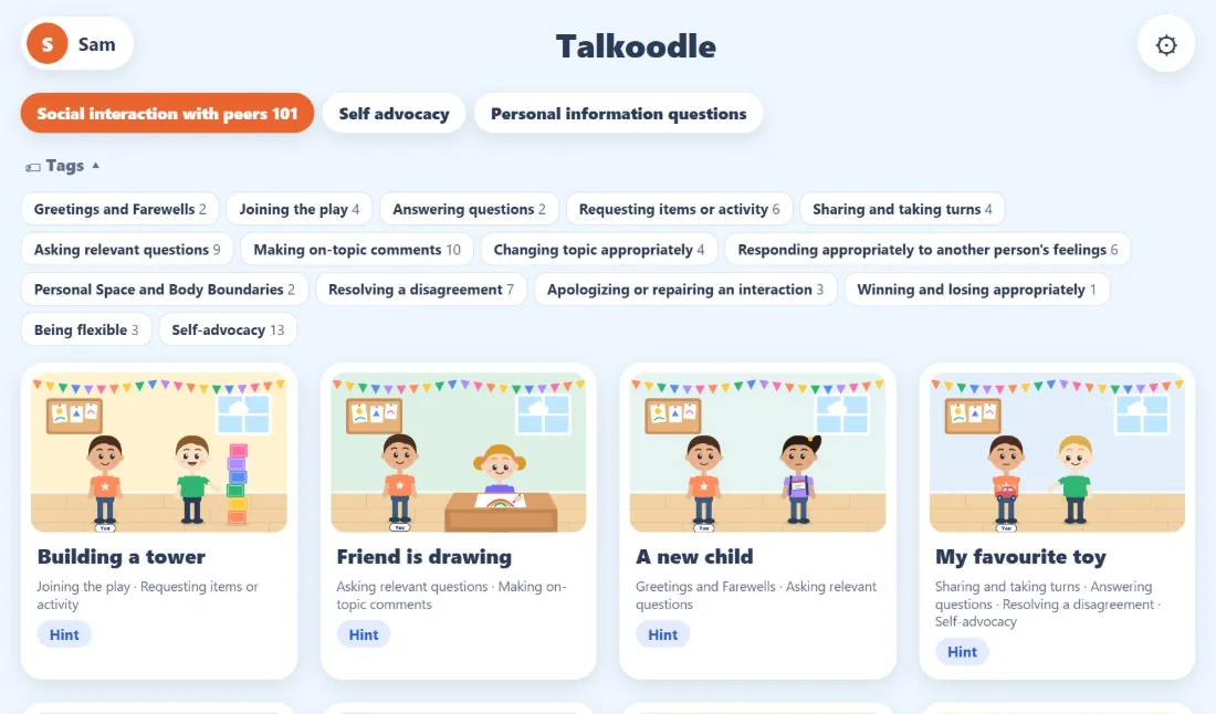The list of situations: tabs for the three groups, skill tags, and picture cards such as Building a tower and Friend is drawing.
