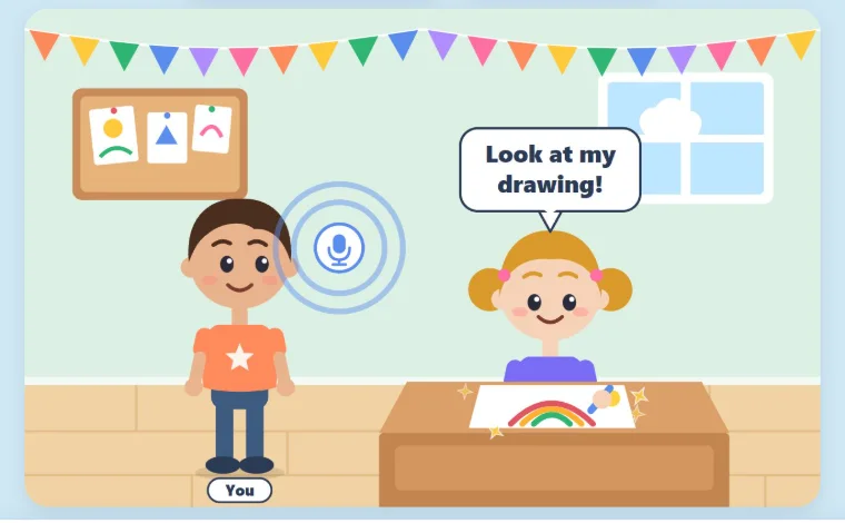 The same scene with a microphone symbol beside the child's character, showing it's their turn to answer.
